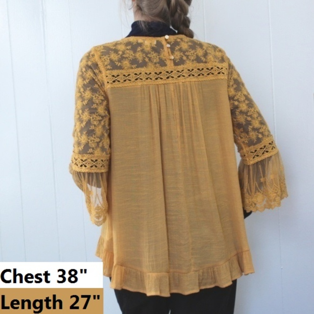 Umgee Cotton 3/4 Sleeve Baby Doll Top Lace Gold M